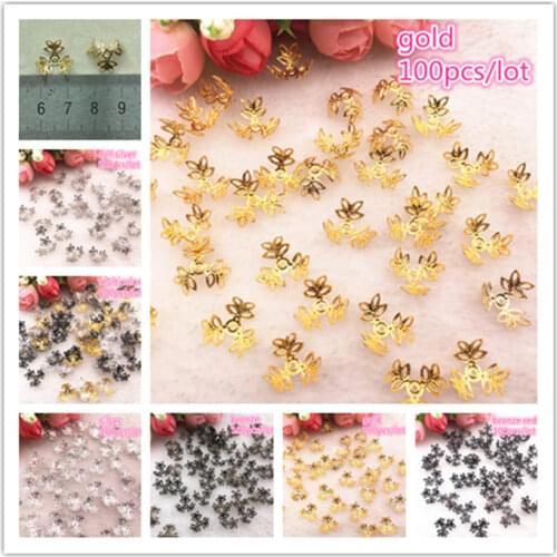 100pcs/lot Silver Gold Plated Trefoil Hollow Flower Petal End Spacer Beads Caps Charms Bead For Jewelry Making Accessories