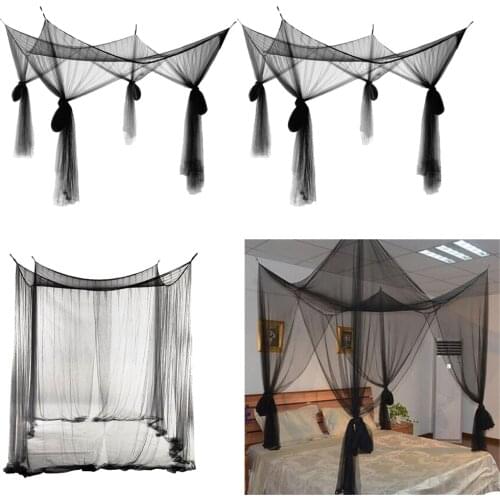2Pcs Black Hanging 4 Corner Post Bed Canopy Drape Fine Mesh Mosquito Net for Home Bedroom