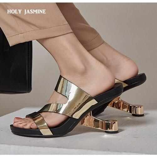 2021 Fashion Brand Genuine Leather Open Toe Slippers Ladies Strange Style High Heels Slides Summer Outdoor Sandals Ladies Shoes