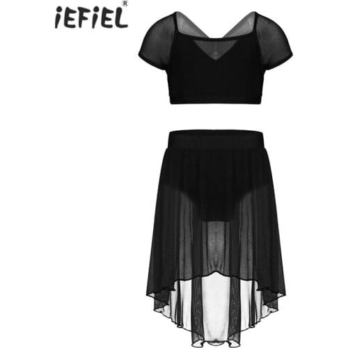 Ballerina Girls Tutu Ballet Dress Latin Dance Wear Splice Cap Sleeves Gymnastics Costume Childrens Outfits Crop Top with Skirt