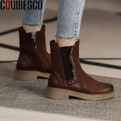 COVIBESCO Concise Casual Ankle Boots For Women Genuine Leather Shoes Woman Autumn Winter New Rivets Low Heels Zipper Basic Boots