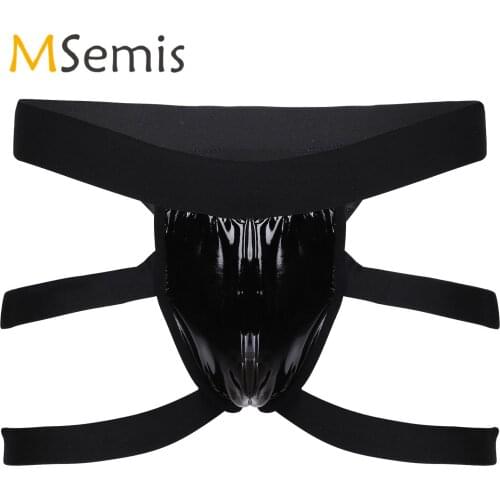 Gay Men Strappy Patent Leather Panties Lingerie T-Back Underwear Night Club Stage Dancing Performance Costume for Lingerie Night