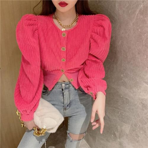 Heydress Spring Retro Corduroy Short Shirts Women French Style All-match Long Puff Sleeve Blouses Tops Single Breasted Blusas