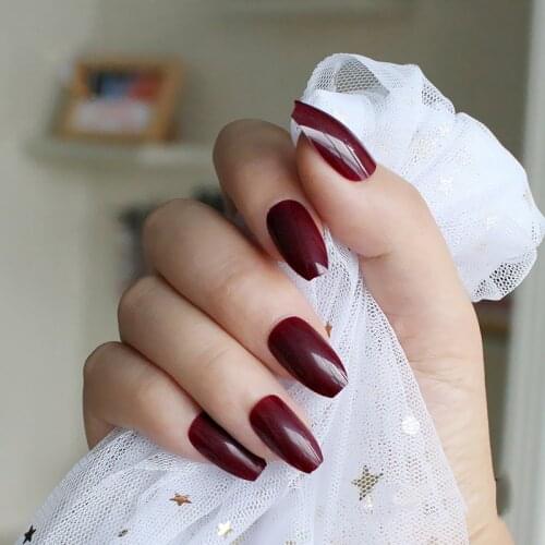 100PC Wine Red Ballerina Fake Nails Art Tips Coffin Shape Full Cover Faux Ongles French Artificial Press On Nails Manicure Tool