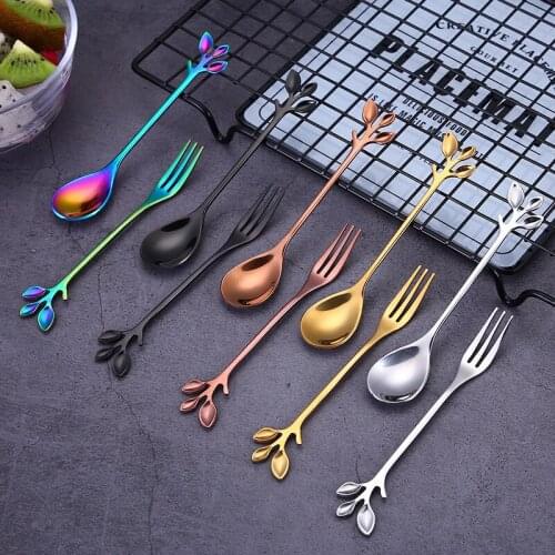 Coffee Spoon 304 Stainless Steel Serving Spoon Branch Leaves Mini Spoon Fruit Fork 12cm Coffee Small Spoons 1/2/4/6/12 Pcs