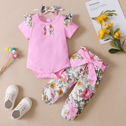 Toddler Baby Floral Print 3pcs Summer Clothes Set Ruffles Short Sleeve Romper+Waistband Long Pants +Headband Infant Outfits