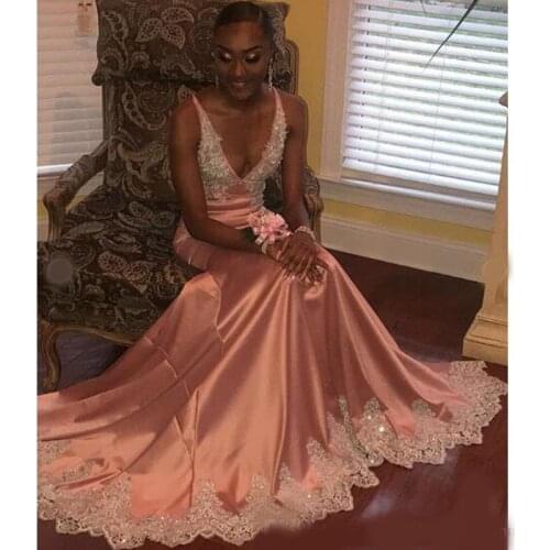 2020 Backless Lace Beaded African Evening Dresses Deep V-neck Mermaid Prom Dresses Cheap Formal Party Pageant Gowns