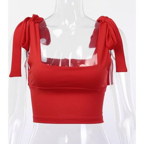 Women’s White/Red Solid Color Square Colloar Suspender Tie Up Lace Tanks Camis Y2K Summer Sleeveless Girls Vest Tees T-Shirts