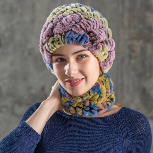 Wucifo Fur Hats for Women Winter Real Rex Rabbit Hat Kniting Female Warm Snow Caps Ladies Elegant Princess Beanies Cap Scarf