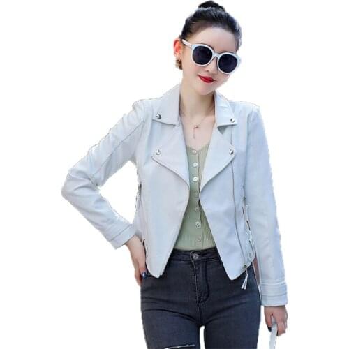 Fashion Short Leather Jacket Women 2021 Spring/ Autumn New Style Lapel Slim Long Sleeve Casual Khaki Black PU Leather Coat N1281