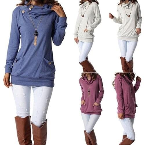 Autumn and winter new womens solid color long-sleeved high-neck pocket button decorative pullover sweater sweatshirt