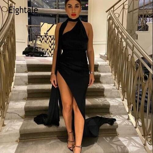 Eightale Arabic Evening Dress Sexy High Side Split Formal Black Prom Gown Mermaid Long Special Cheap Celebrity Party Dress