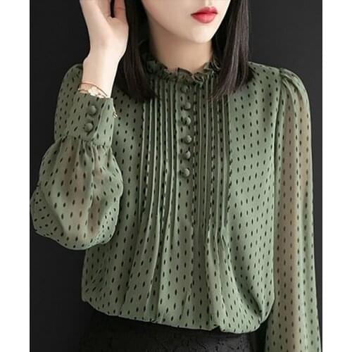 Long Sleeve O-Neck Polka Dot Printed Chiffon Blusas Tops Women Spring Autumn Style Chiffon Blouses Shirts Lady Casual