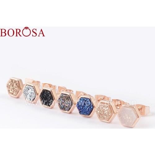 BOROSA 5Pairs Hexagon Rose Gold Color Titanium Rainbow Druzy Stud Earrings Electroplated Colored Drusy Earring Jewelry ZR0275