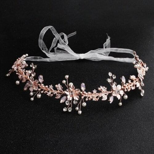SLBRIDAL Handmade Rose Gold Rhinestones Crystal Pearls Wedding Tiara Headband Bridal Hair Accessories Bridesmaids Women Jewelry
