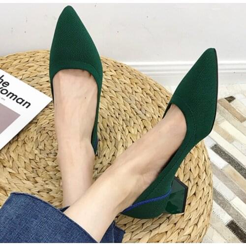 Autumn Fashion Stretchy Knit Fabric Heels Pumps Shoes Pointed Toe Square Printing Heel Slip Lady Office Casual Work Shoes T
