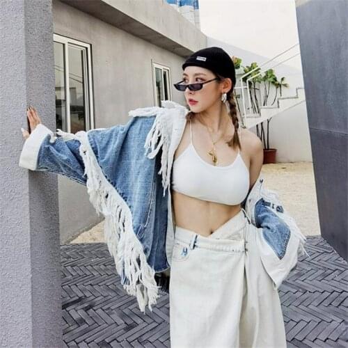 2020 Spring Autumn New Patchwork Color Fringed Denim Jacket Female Lapel Single Breasted Long Sleeve Loose Casual Jeans Coat