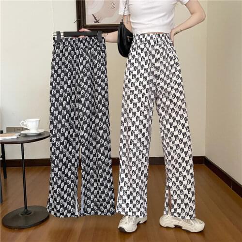 Womens High Waist Hanging Spring And Summer 2021 Web Celebrity Loose Print Ice Silk Straight Trousers With Floor Sweeping