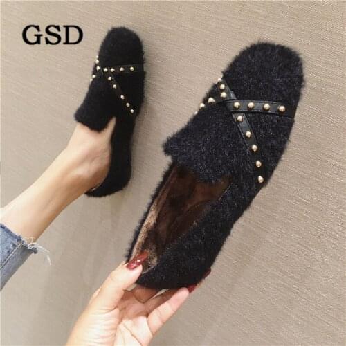 Winter Faux Fur women shoes warm Flat Loafers Slip On Ladies Furry Ballet Flats Square Toe shoes for women mujer pisos