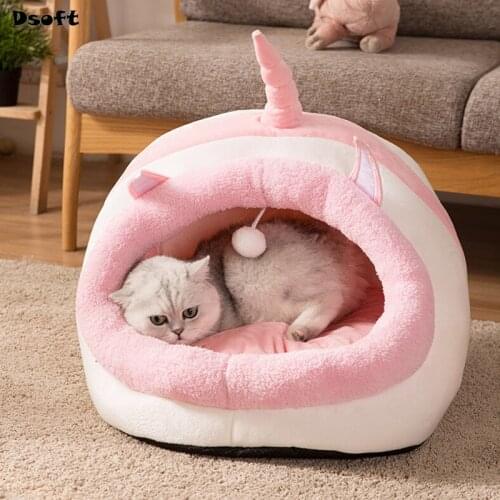 Winter New Cartoon Pet Bed Cute Unicorn Cat Nest Dog Bed House Autumn Detachable Soft Warm Pet Cat Small Dog Puppy Kennel Bed