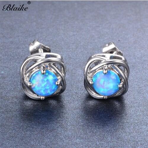 Blaike Round Blue/White Fire Opal Weave Stud Earrings For Women Silver Color Birthstone Earrings Fashion Accessory