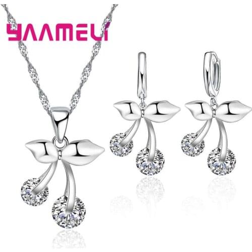 Shining Clear Rhinestone Paved Cherry Bridal Wedding Jewelry Sets for Women 925 Silver Zircon Party Accessory