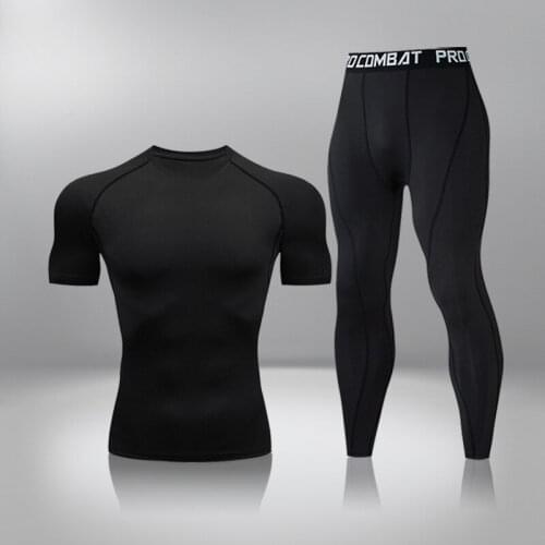 New Summer Workout 2-Piece Mens Short T-Shirt + Leggings Sportswear Solid Color Shirt Pants Compression Fitness Running Clothes