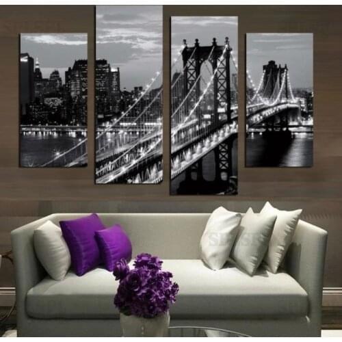 Unframed 4 Panel New York City Canvas Prints Modern Wall Painting Gray Bridge Wall Art Pictures Cuadros Decoracion