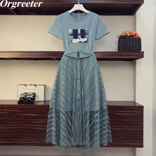 Two Piece set Women 2021 Summer New Fashion Sequined Print Cotton Long T-shirt Dress +Mesh See Through Striped Skirt Sets