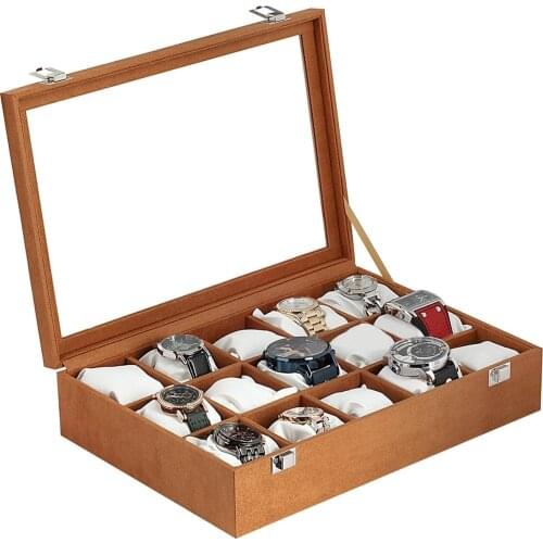 Wood Above Velvet Coated 15 Compartments Brown Watch Box