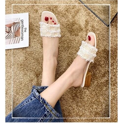 Summer new sandals and slippers women wear thick heel fashion womens high-heeled Korean square head half-slip slippers