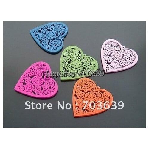 Fashion Heart Shape Wooden Pendants With Flower Design(100pcs)