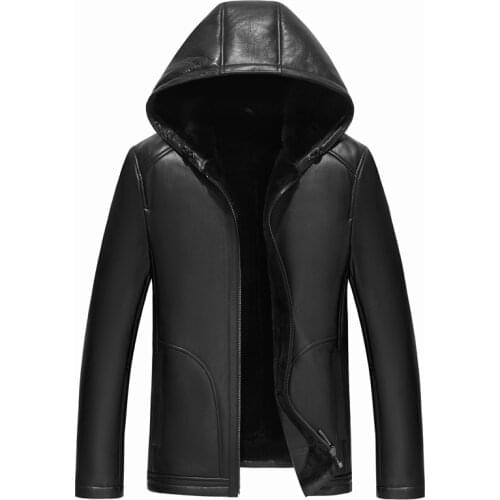 Winter Real Leather Jackets Men Fashion Black Genuine Shearling Sheepskin Coat with Natural Wool Lining Warm Hooded JF2062