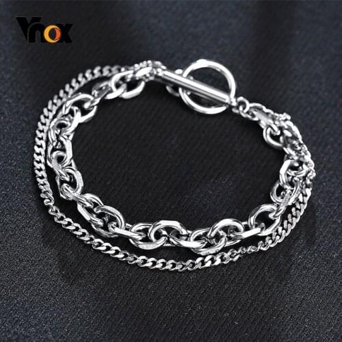 Vnox Rock Punk Doube Chains Bracelets for Men, Never Fade Stainless Steel Cuban O Chain Wristband Jewelry, 19/21cm