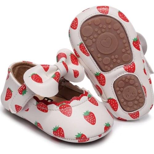 Newborn Baby Girls Bow Pu Princess Shoes First Walkers Soft Sole Anti-Slip Toddler Strawberry Cute Shoes