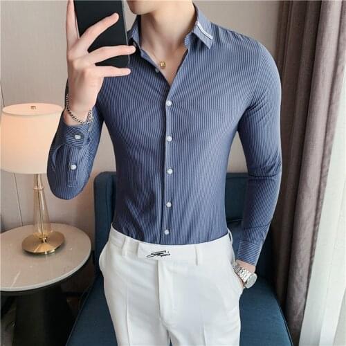 Plus Size 4XL-M Autumn New Ribbon Decor Collar Long Sleeve Striped Shirt Men Clothing 2021 Simple Slim Fit Business Formal Wear