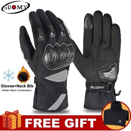 Suomy Winter Warm Motorcycle Gloves 100% Waterproof Windproof Guantes Moto Touch Screen Gloves With Plus Velvet Neck Bib Gift