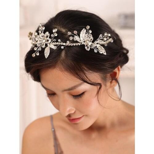Bridal Headwear Silver Leaf Rhinestone Flower Headband Trendy Elegant Women Head band Wedding Hair Accessories for Bride to be