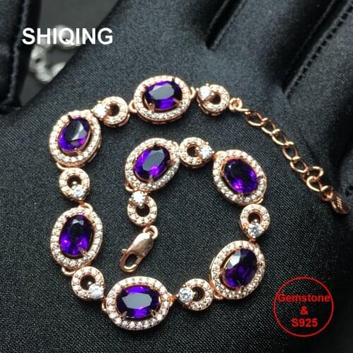 SHIQING Fine jewelry 925 sterling silver circle exquisite nature gemstone Amethyst classical beauty bracelet for women 18+3cm