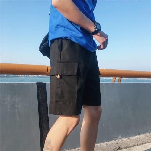 Cargo Shorts Men Summer Straight Solid Casual Shorts Elastic Waist Knee Length Streetwear Mens Shorts