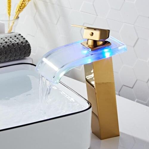 Vidric LED Faucet hot and cold Square Gold Basin Faucet Total Brass Waterfall Crane Sink Faucet Single Handle water tap