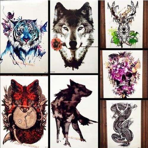 Tattoo Romantic Wolf With Rose Flower Temporary Tattoo Stickers For Women Men Body Art Flash Tatoo Decals Waterproof Tatoo Arm