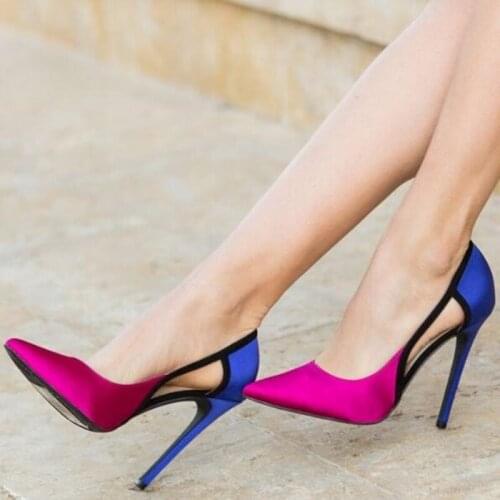 Fashion Satin Patchwork Stiletto Heels Pumps Cut-out Pointed Toe Pink Blue High Heel Dress Shoes Size 45 Customized