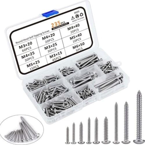 235Pcs/set 304 Stainless Steel Screw Set M3 M4 M5 M6 Round Pan Head Self-tapping Screw Philips Screws Assortment Kit Wood Screws
