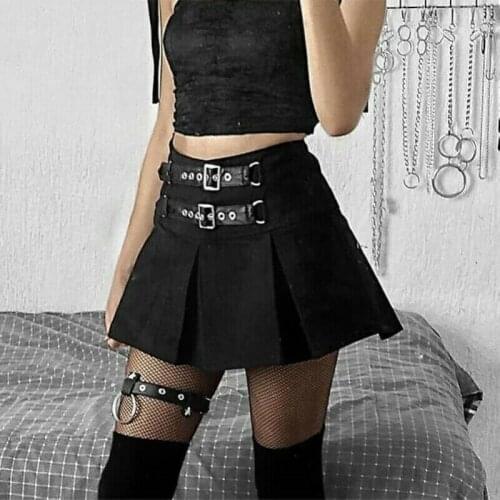 Women Gothic Skirt Punk Rock Buckle Mini Pleated Black Club A-Line