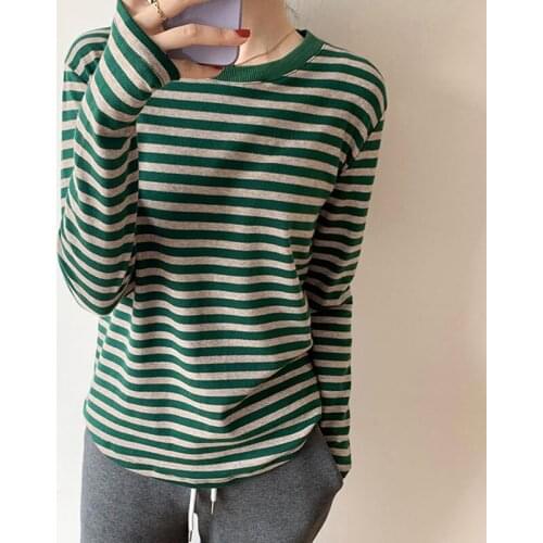 Stirped T-shirt Women Cotton Long Sleeve O Neck Korean Fashion Loose Casual Autumn Basic Tee Shirt Femme Tops T-shirty Damskie