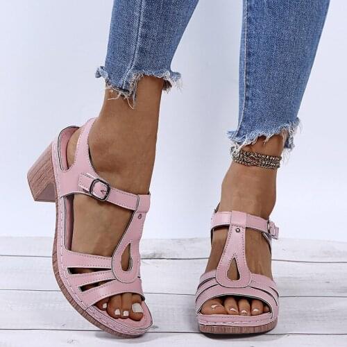 2021 New Summer Shoes Women High Heels Sandals Casual Woman Heeled Shoes Women Sandals Peep Toe Shoes Square Heel Large Size 43