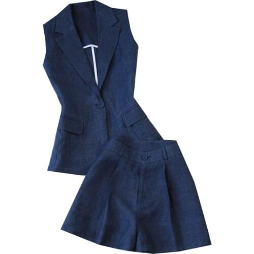 2 piece outfits for women summer new fashion linen thin suit vest jacket + wide leg high waist shorts hidden blue two-piece