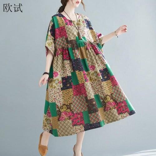Plus Size Plaid Cotton Linen Dress Women Summer Vintage Floral Ladies Dresses 4XL 5XL 6XL Casual Long Woman Oversized Dress 2021