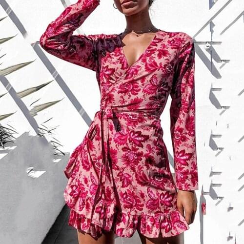 Elegant Flower Print Long Sleeve Wrap Dresses Women 2021 Summer Ruffle Mini Dress V Neck Boho Floral Dresses Beachwear Vestidos